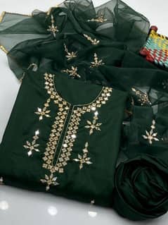 3 piece Women's Unstiched  Fancy Katan Silk Embroidered suit.