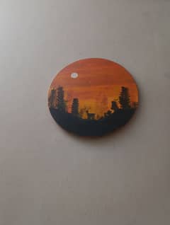 Circular Canvas Mountain And Deer Painting For Sale