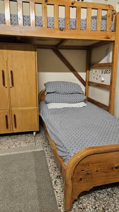 Kids Bunk Bed Set with Wardrobe & Mattresses – Solid Wood