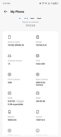 Tecno spark 20 8+8 Ram 256GB