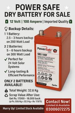  POWER SAFE DRY BATTERY FOR SALE   12 Volt | 100 Ampere | Import
