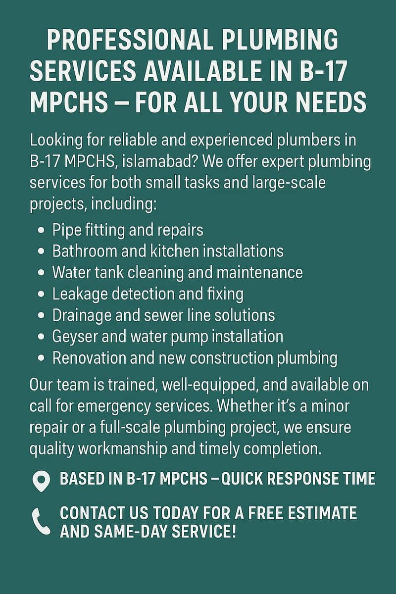 Plumbers available in B-17 MPCHS for small and large projects, 0