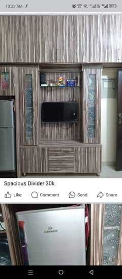 Spacious Divider with TV console, Upper cabinets and Fridge Box