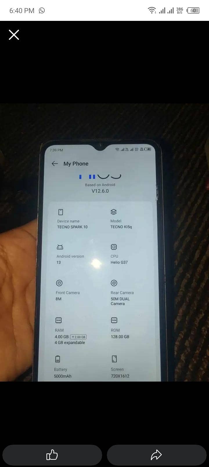 techno spark 10   4+ 4/128 GB  10/10 CONDITION. contact 03362378083 1