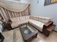 L shaped sofa and table