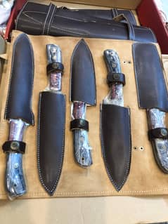 premium Damascus steel knife set -5 handmade knifes with leather case