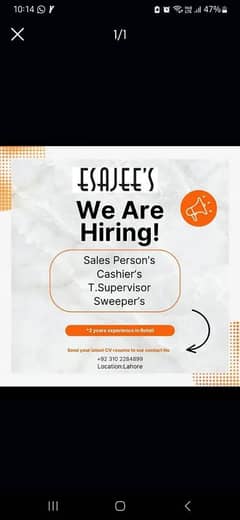 Salesman / girl cashier supervisor traine supervisor sweeper