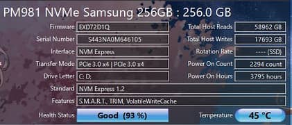 PM981 Samsung m. 2 nvme ssd 256gb (used)