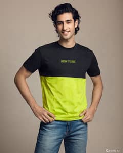 Men's T-Shirt - "NEW YORK" Print Casual Tee | Half Black & Neon Green