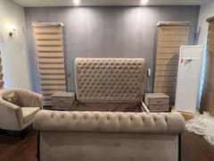 King size, dresser, bedside drawers and sofa chairs