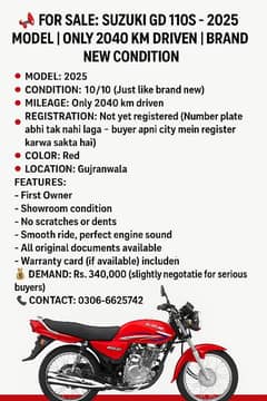 For Sale: Suzuki GD 110S - 2025 Model Brand New Condition