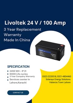 Lithium battery 24V 100 Ampere 3 Year Replacement warranty