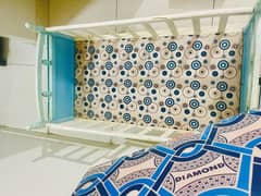 BABY WOODEN COT (WITH MANUAL SWING & NEW MATTRESS)