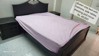 Queen size bed with mattress, side tables, dressing table.