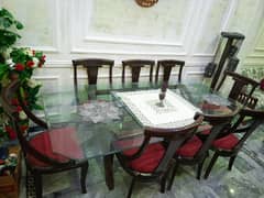 Dining Table, With Solid Wood , Thick Glass With 8 Chairs