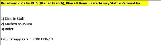 Job  in DHA Phase 8 , Ittehad (Kitchen Assistant , Rider, Dine In