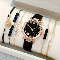 Imported Women's Watch New Diamond Dial Belt & Beeded Bracelet Set/6Pc