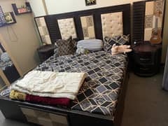 Wooden bed set with side tables and divider