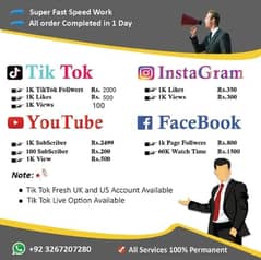 youtube tiktok facebook instgram service available