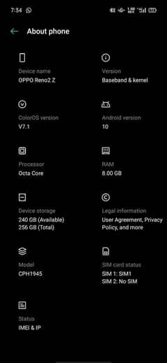 oppo reno 2 Z 8/256 original with box and without charger everthing wi