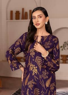Women's Stitched Printed Shirt & Trouser Set - 2 Pcs Arabic Linen