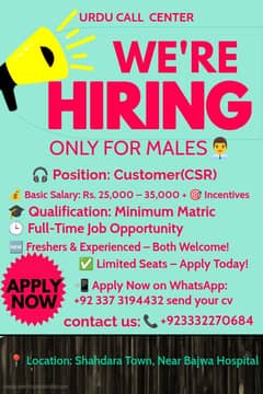 Urgent Hiring – Male CSR Staff Needed in Lahore-shahdra
