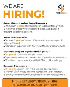 1. Senior content writer (legal Domain), 2. Senior SEO specialist