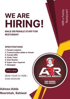 Restaurent staff hiring Urgent