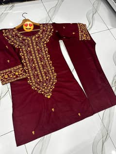 2 pcs women’s stitched embroidered shirt and trouser