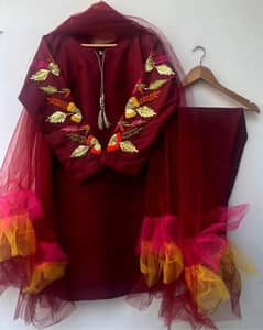 Elegant Maroon Embroidered Katan Silk Suit Set - 3 Pcs