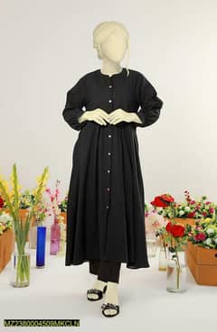 2Pcs Woman's Stitched Lawn Plain Frock And Trouser