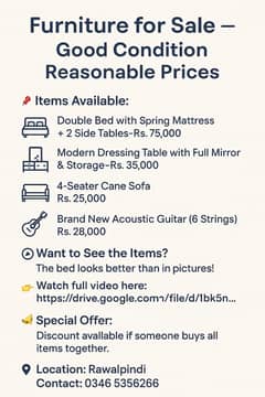 Double Bed with Spring Mattress, Side Tables, Dressing Table & Guitar