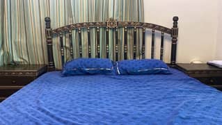 Wooden bed with side table & spring mattress