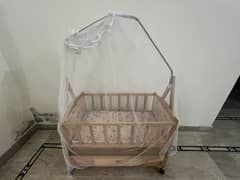 Wooden Baby Cot with Wheels, Mattress, Net & Bedding Set - Gently Used