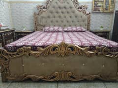 wooden poshish bed set with side tables mattress and dressing table