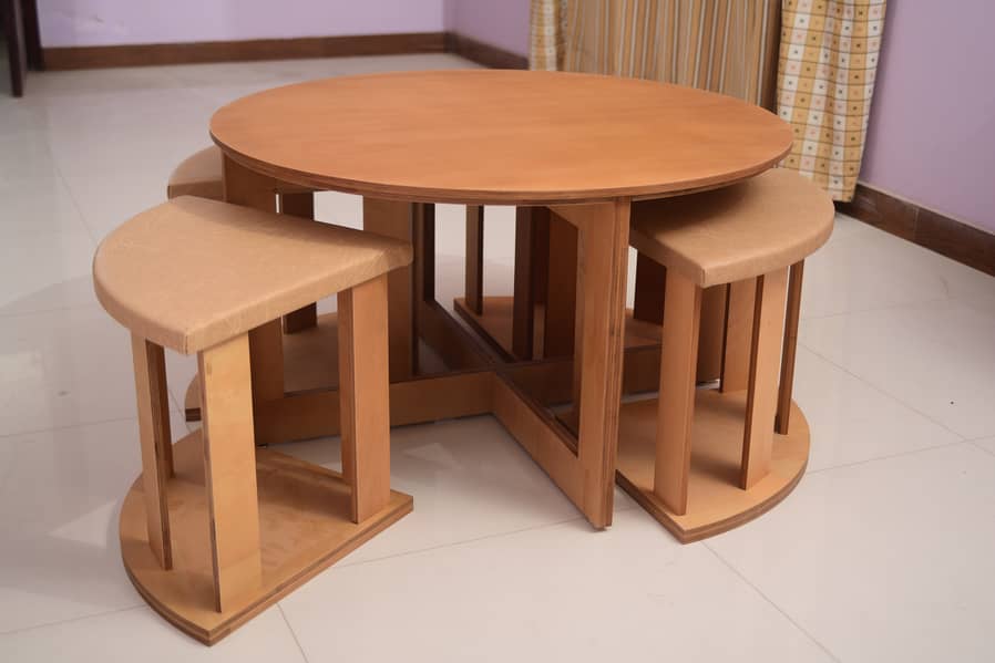 Stylish Round Coffee Table with 4 Cushioned Stools – Space Saver 0