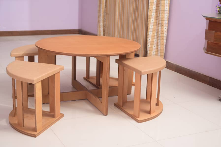 Stylish Round Coffee Table with 4 Cushioned Stools – Space Saver 1