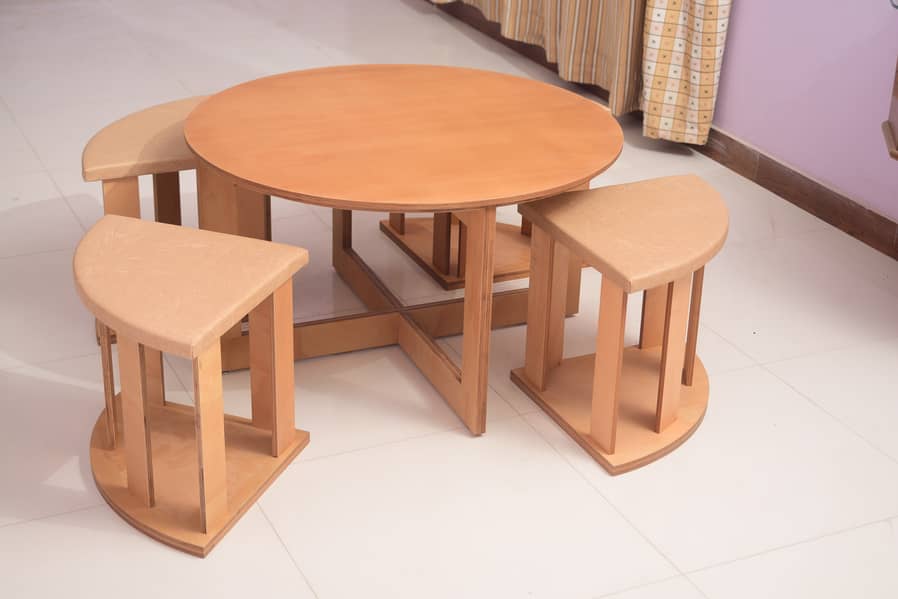 Stylish Round Coffee Table with 4 Cushioned Stools – Space Saver 2