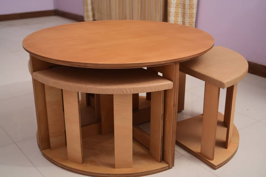 Stylish Round Coffee Table with 4 Cushioned Stools – Space Saver 6