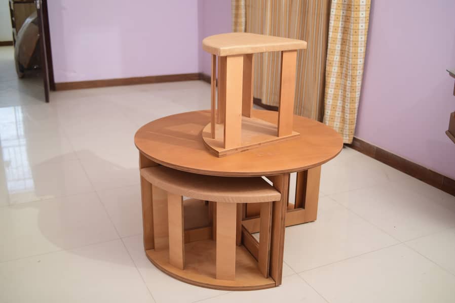 Stylish Round Coffee Table with 4 Cushioned Stools – Space Saver 8