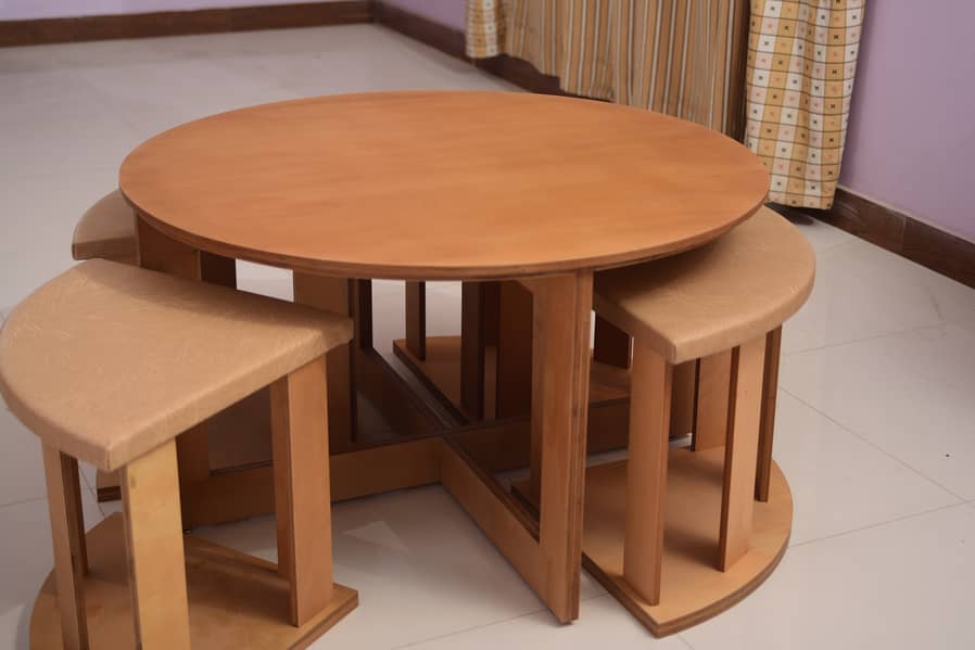 Stylish Round Coffee Table with 4 Cushioned Stools – Space Saver 9