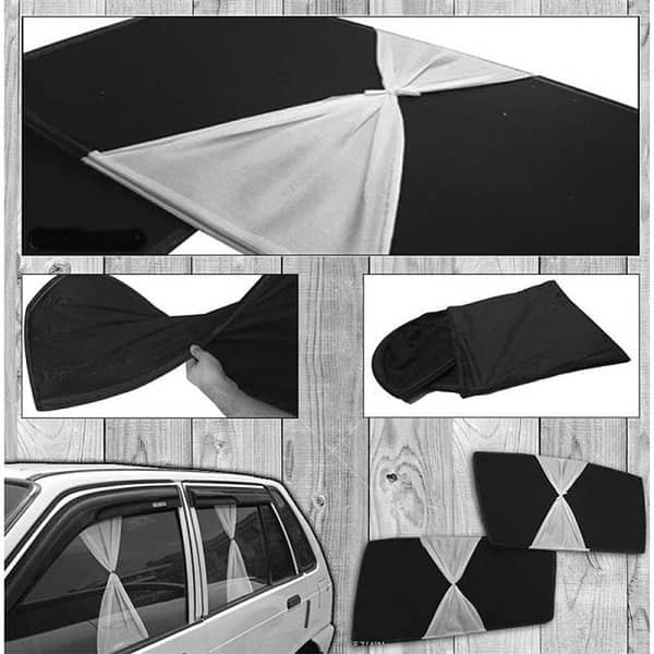 Suzuki Mehran Sun-Shades With White Tie Foldable Curtains & Jet Black 4Pcs Set Premium Quality