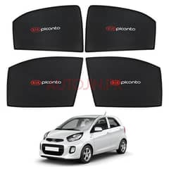 Kia Picanto 2019 to 2021 Sun Shades Car Windows Curtains 4 pieces With Picanto Logo, Foldable, Jet Black
