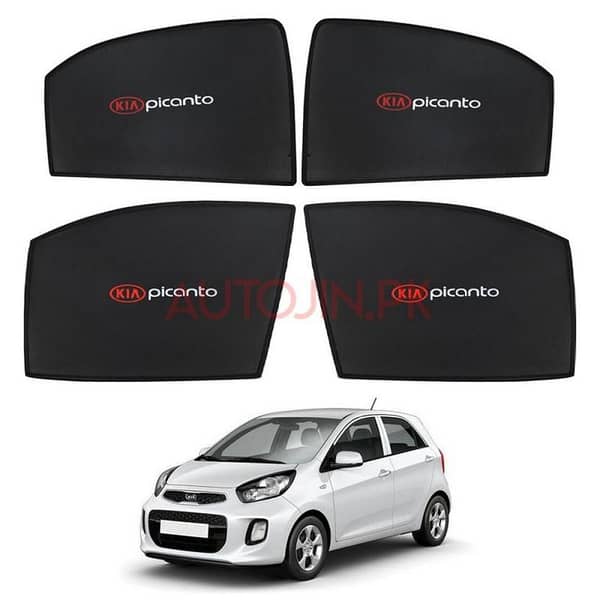 Kia Picanto 2019 to 2021 Sun Shades Car Windows Curtains 4 pieces With Picanto Logo, Foldable, Jet Black