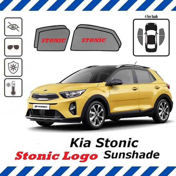 New Kia Stonic 2021-2022 Sun Shades Car Windows Curtains 4 pieces With Stonic Logo , Fold-able , Jet Black