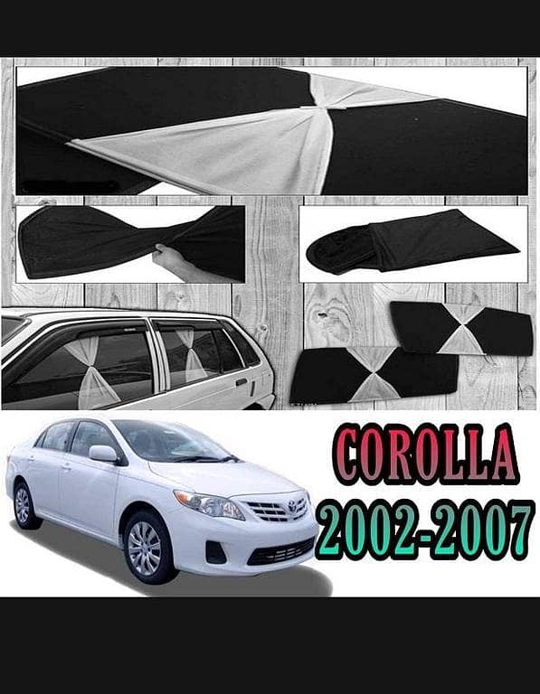 Toyota Corolla 2002 to 2007 Sun-Shades With White Tie Foldable Curtains & Jet Black 4Pcs Set Premium Quality