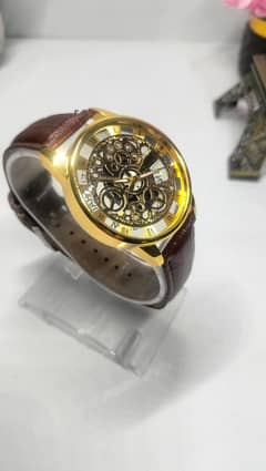 Mens transparent machinery dial watch with leather strap