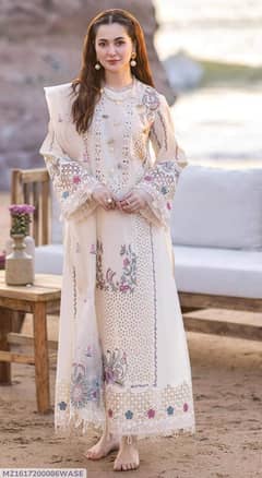 3 pcs woman's unstitched lawn Embroidered suit