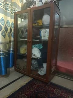 Wooden Glass Almirah with Wheels – Almost New, Urgent Sale!