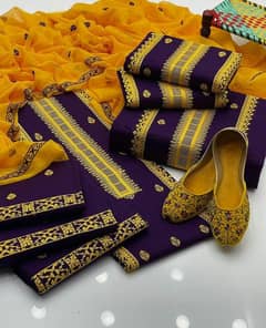 3 PCS Women's Unstitched Cotton Embroidered Suit
